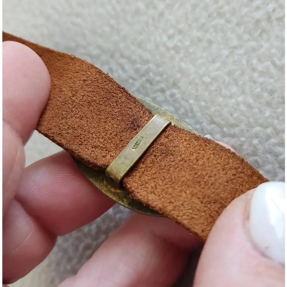 Vintage Austria Artisan Boho Tribal Bracelet Leather Brass Copper Wood Grain
